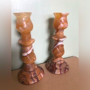 Candlestick Holder Italian Onyx Chiseled Twist Motif Pair Stone Marble 6” Tall